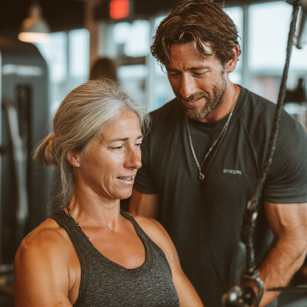 Треньор на 52 години работи индивидуално с клиент в добре осветена фитнес зала