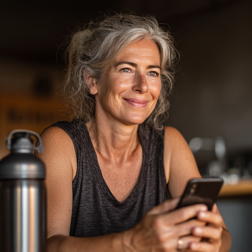 Усмихната жена на 58 години се записва за фитнес занятие чрез мобилен телефон